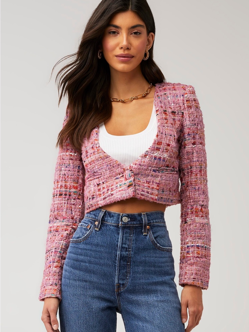 For Love and Lemons Pink Tweed Cropped Button Cardigan